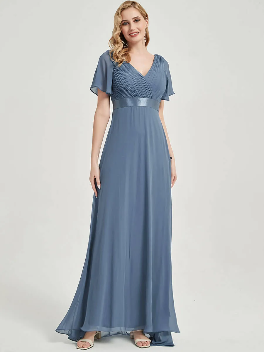 [Final Sale] Canyon Rose Short Sleeve Ruffle Pleated  A-Line Maxi Bridesmaid Dress