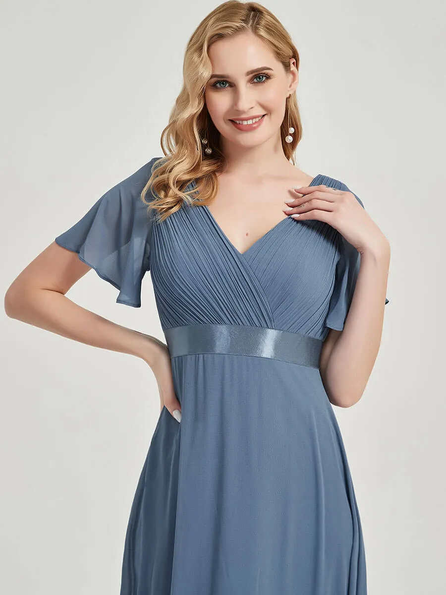 [Final Sale] Canyon Rose Short Sleeve Ruffle Pleated  A-Line Maxi Bridesmaid Dress