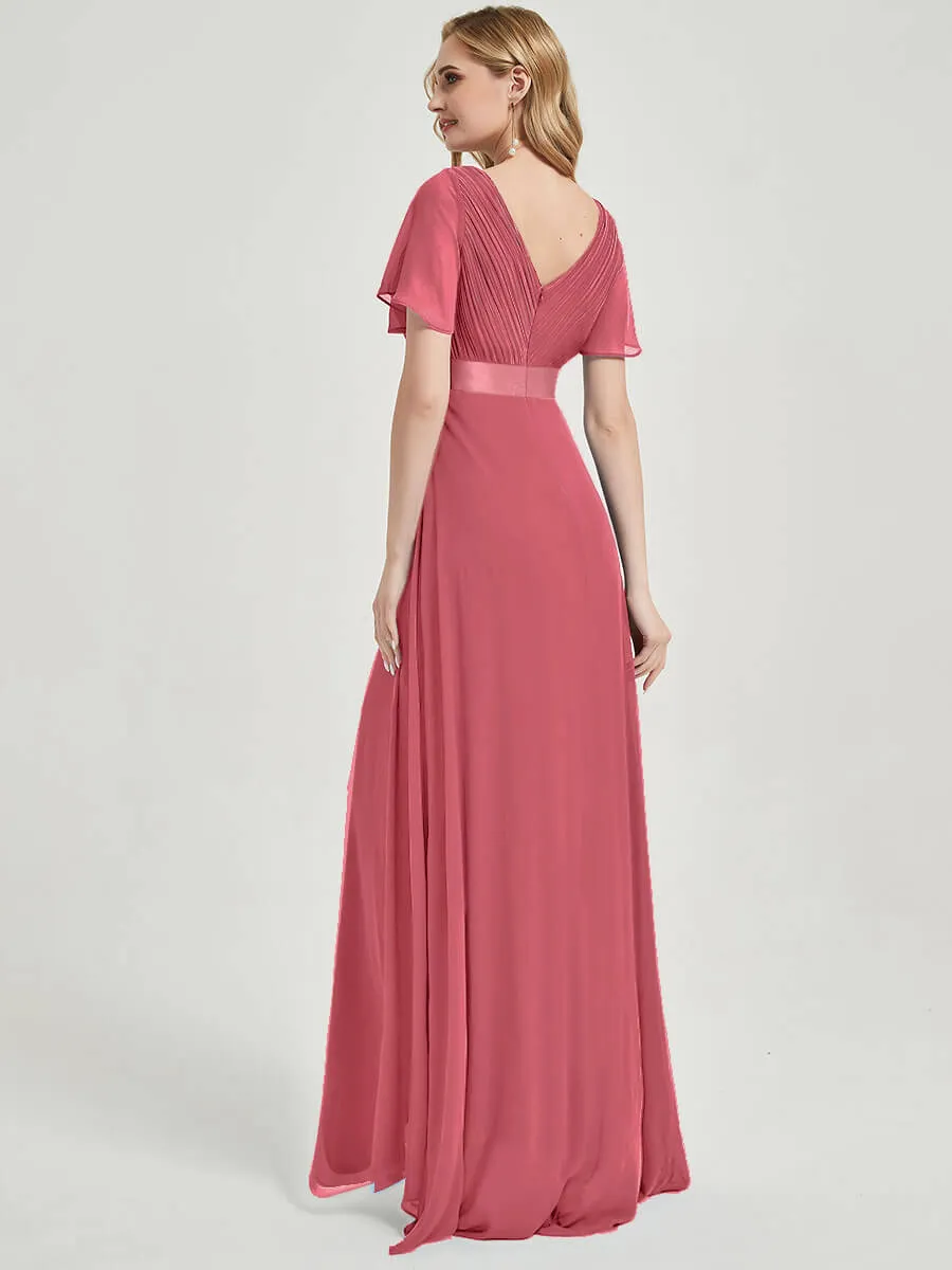 [Final Sale] Canyon Rose Short Sleeve Ruffle Pleated  A-Line Maxi Bridesmaid Dress