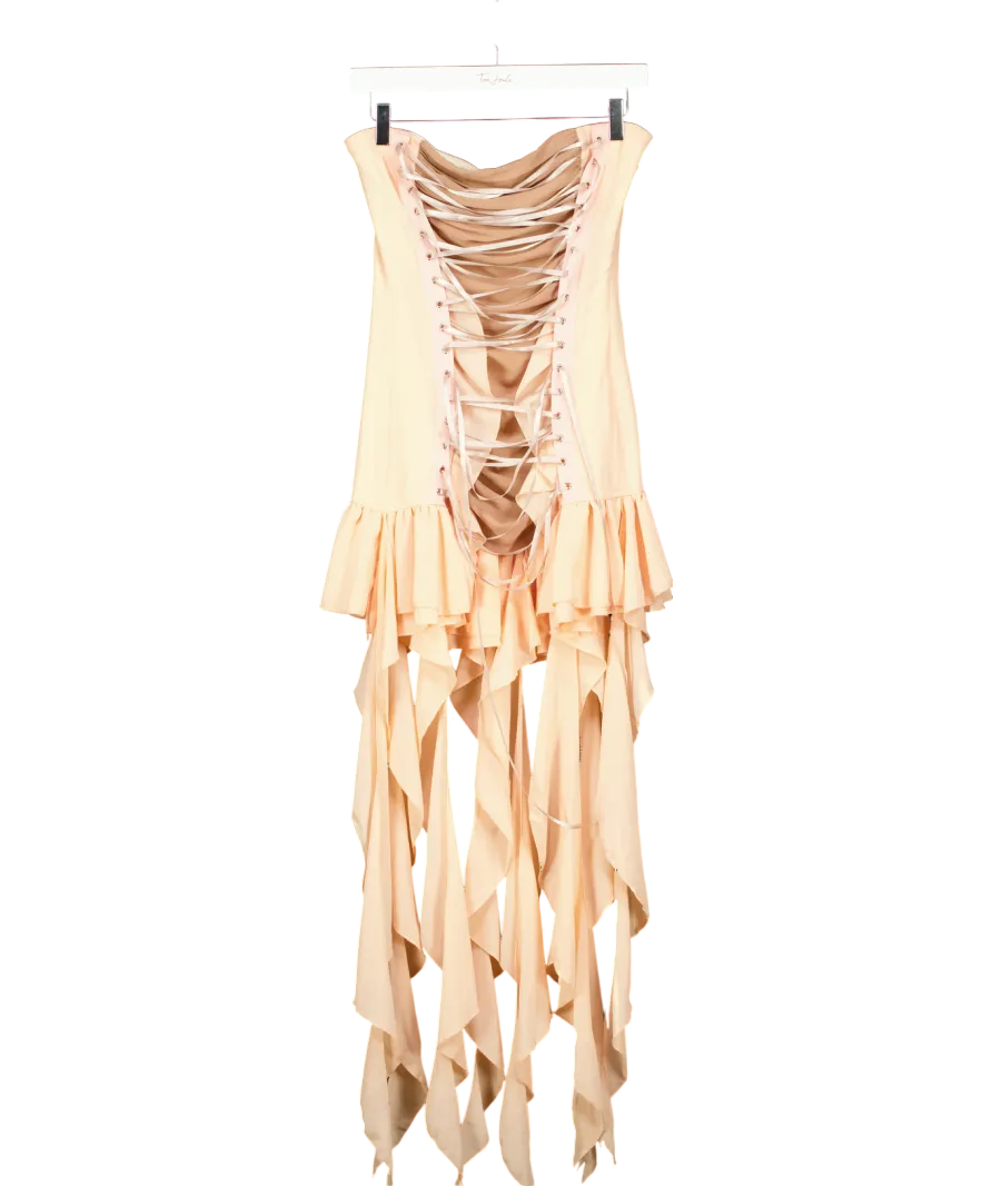 Finesse Pink Manon Beige Chiffon Lace Up Dress UK S