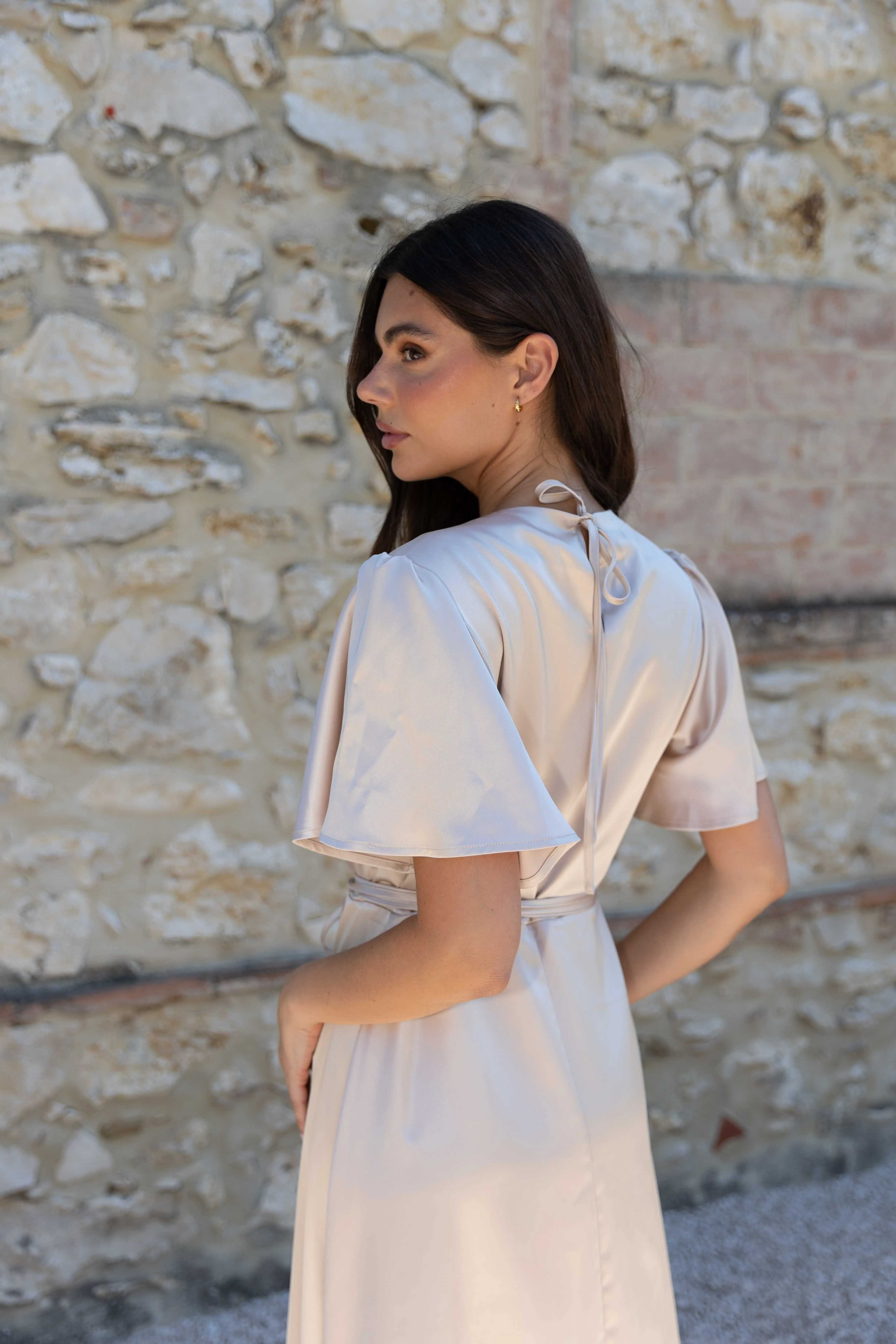 Florence Waterfall Dress in Champagne Satin