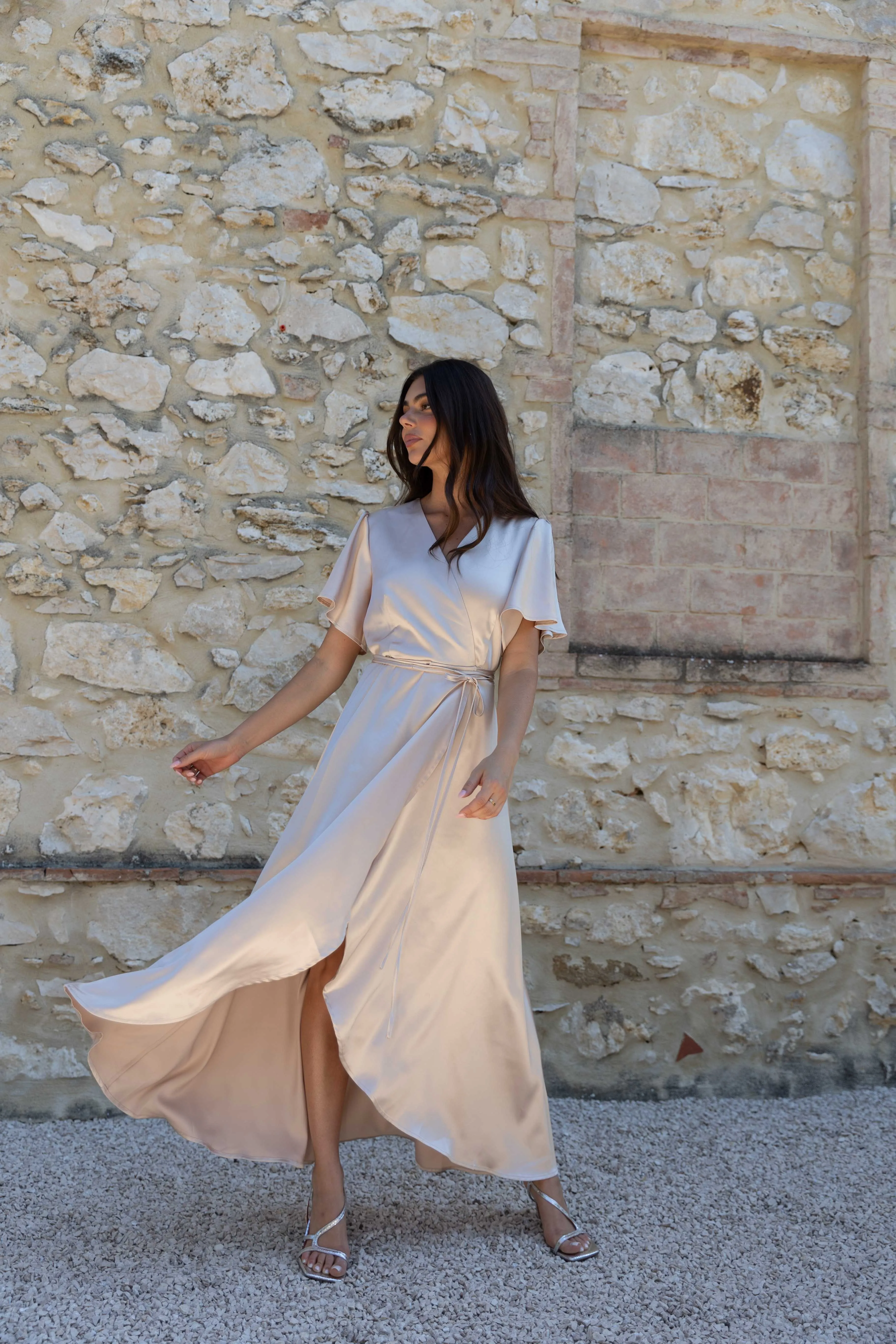 Florence Waterfall Dress in Champagne Satin