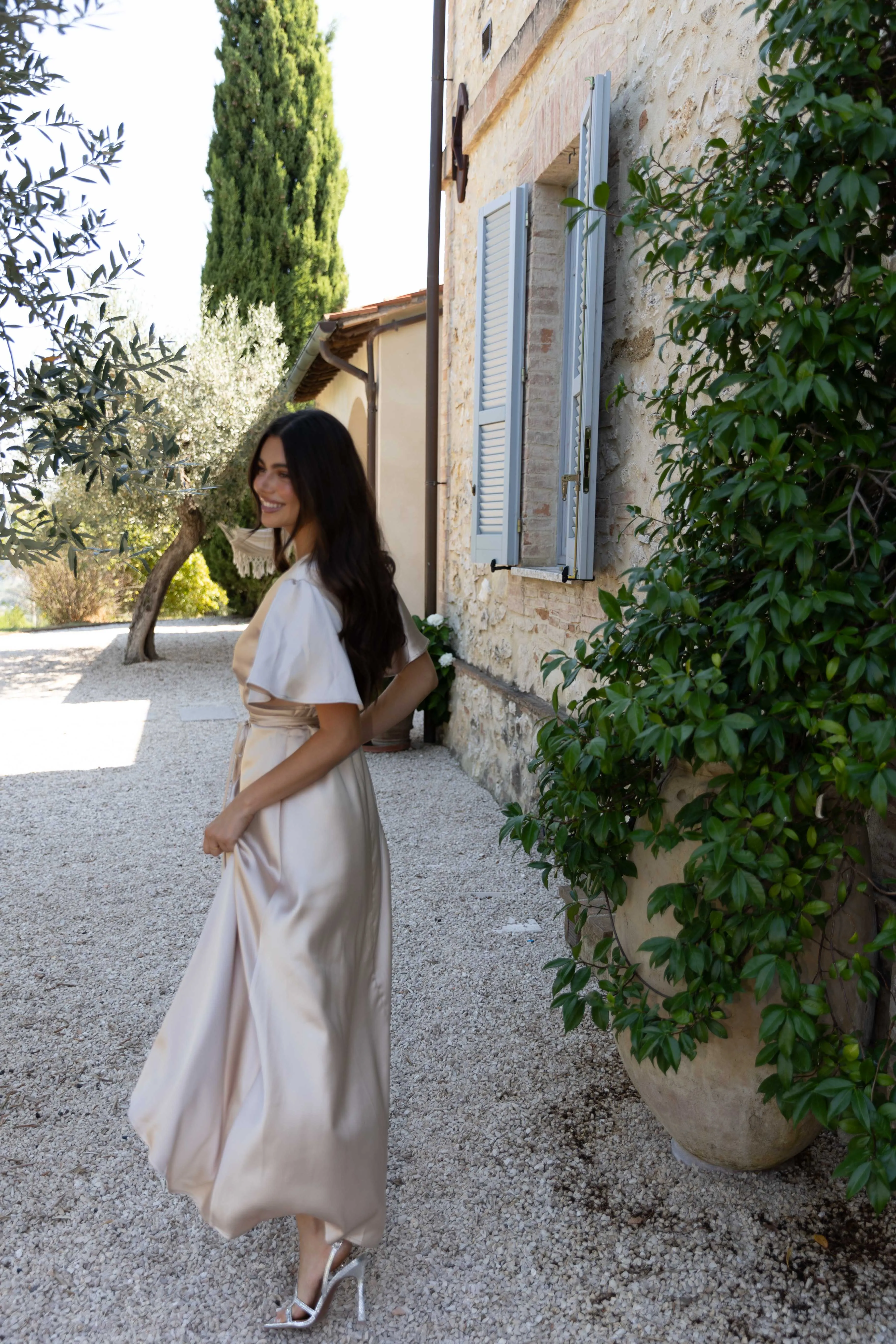 Florence Waterfall Dress in Champagne Satin
