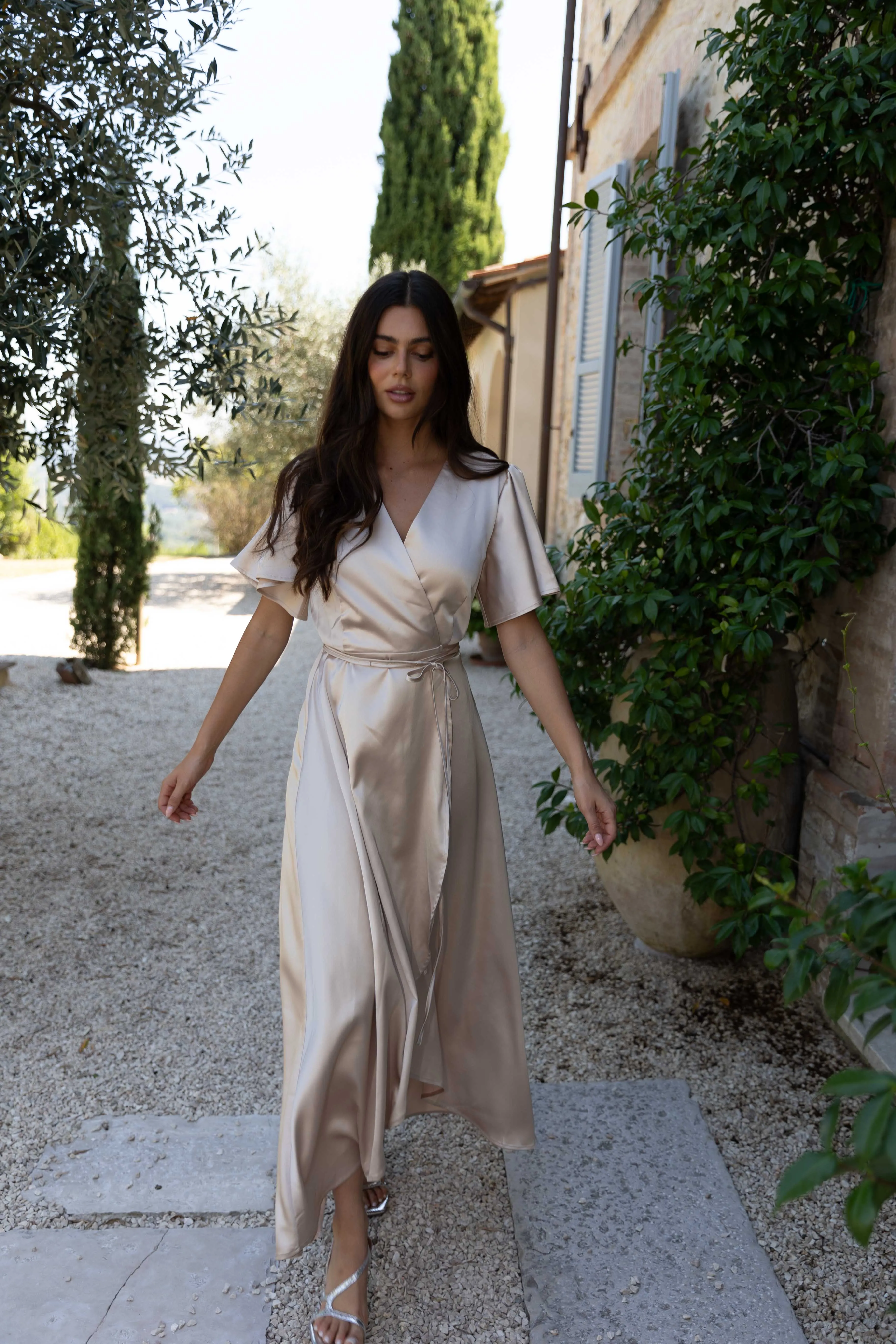 Florence Waterfall Dress in Champagne Satin