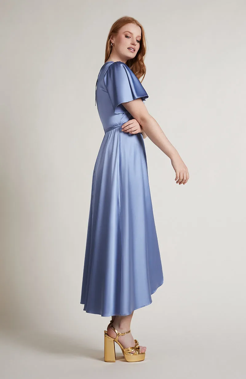 Florence Waterfall Dress In Sky Blue Satin