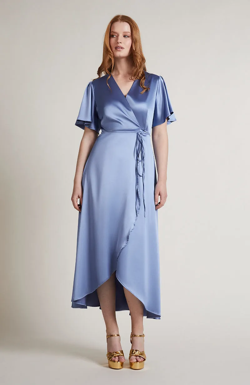 Florence Waterfall Dress In Sky Blue Satin