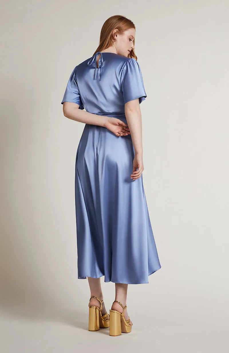 Florence Waterfall Dress In Sky Blue Satin
