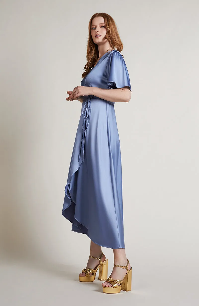 Florence Waterfall Dress In Sky Blue Satin