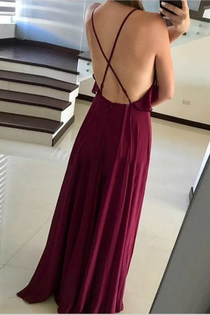 Flounced Neckline Chiffon Prom Dresses with X Backless
