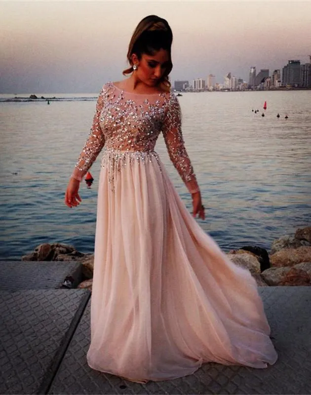 Glamorous Long Sleeve Beadings Prom Dresses 2016 Long Chiffon-318960