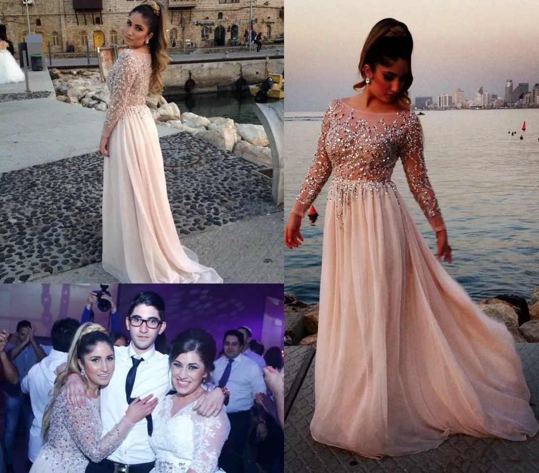 Glamorous Long Sleeve Beadings Prom Dresses 2016 Long Chiffon-318960