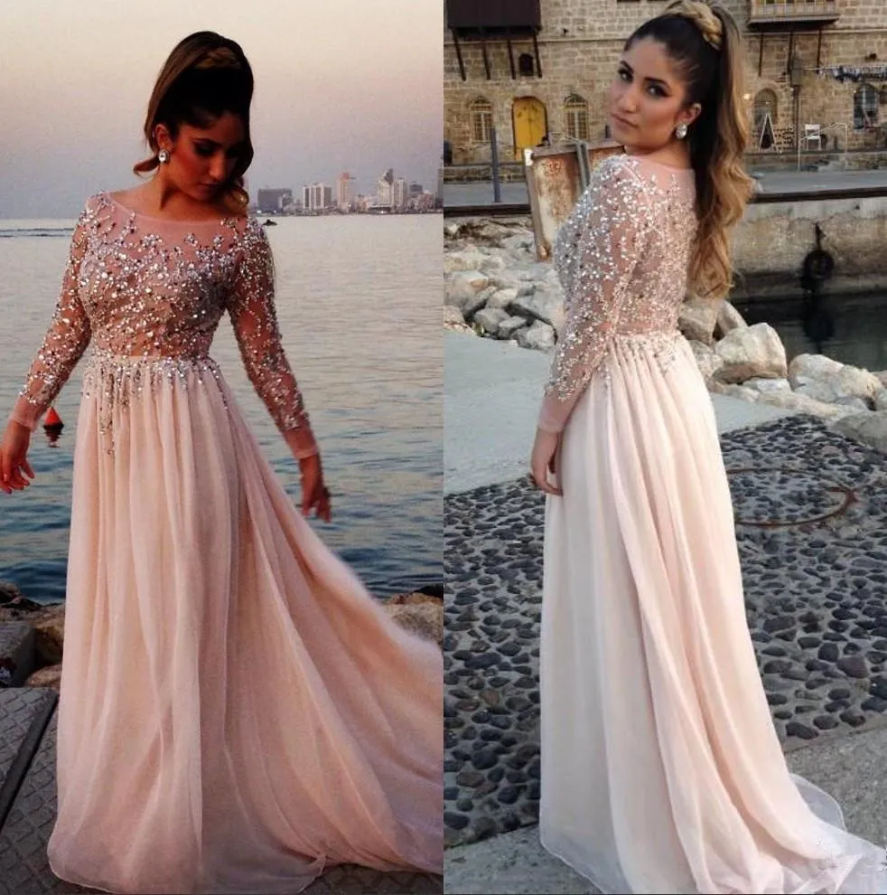 Glamorous Long Sleeve Beadings Prom Dresses 2016 Long Chiffon-318960