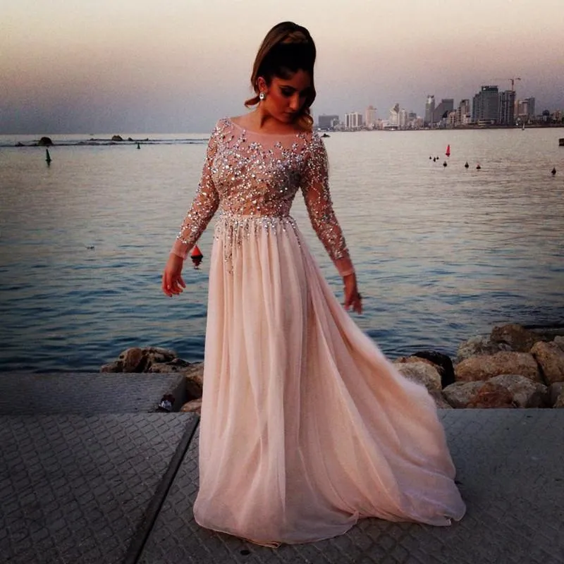 Glamorous Long Sleeve Beadings Prom Dresses 2016 Long Chiffon-318960