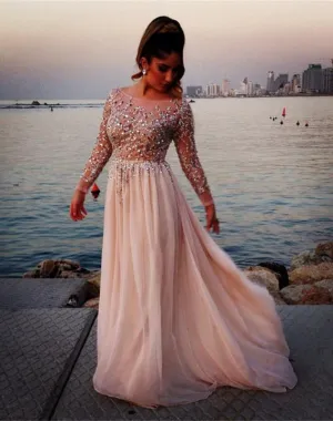 Glamorous Long Sleeve Beadings Prom Dresses 2016 Long Chiffon-318960