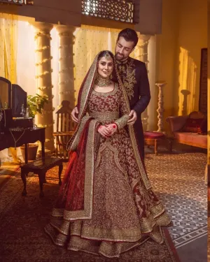 Gold & Red Bridal Dress Pakistani in Lehenga Gown Style