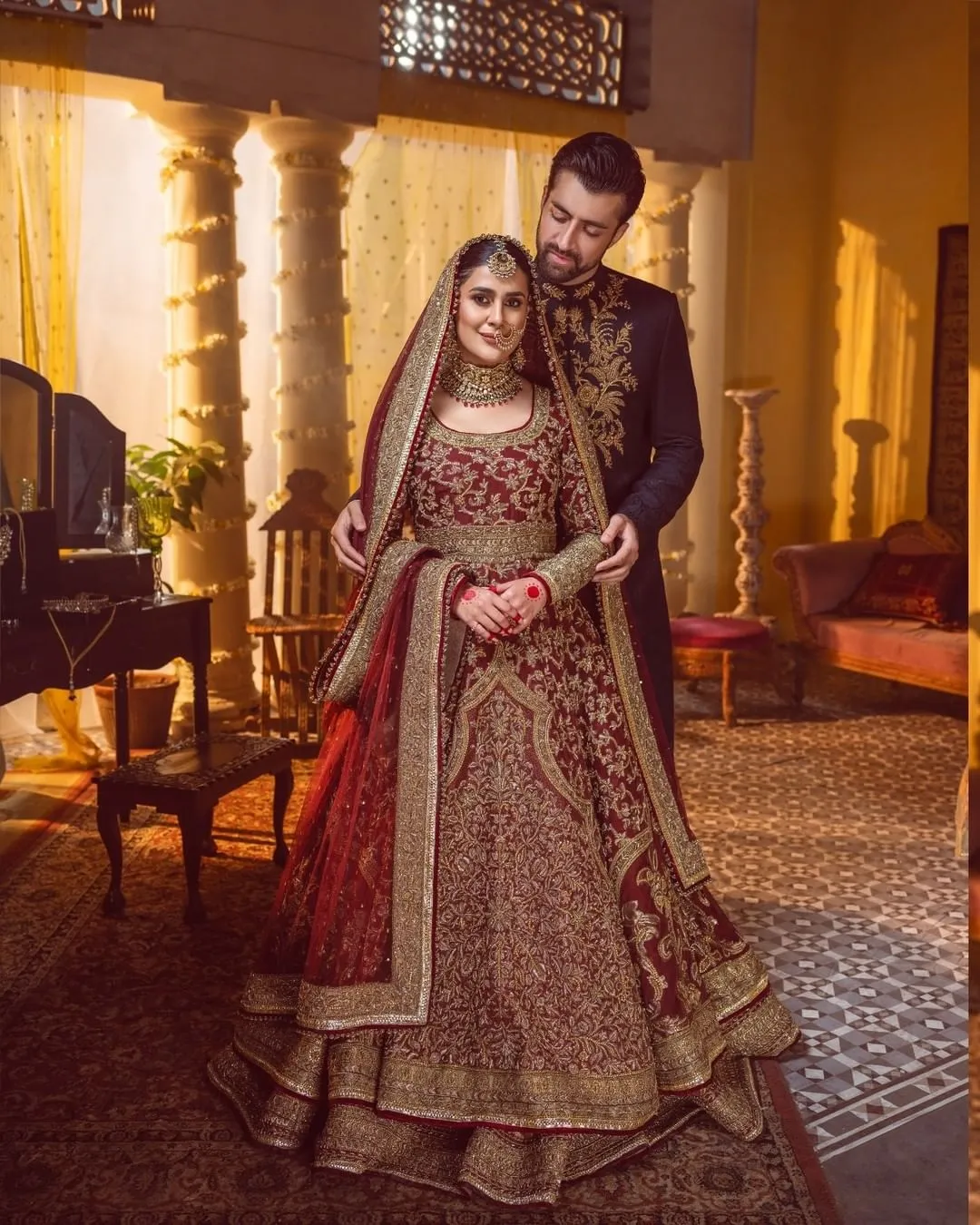 Gold & Red Bridal Dress Pakistani in Lehenga Gown Style