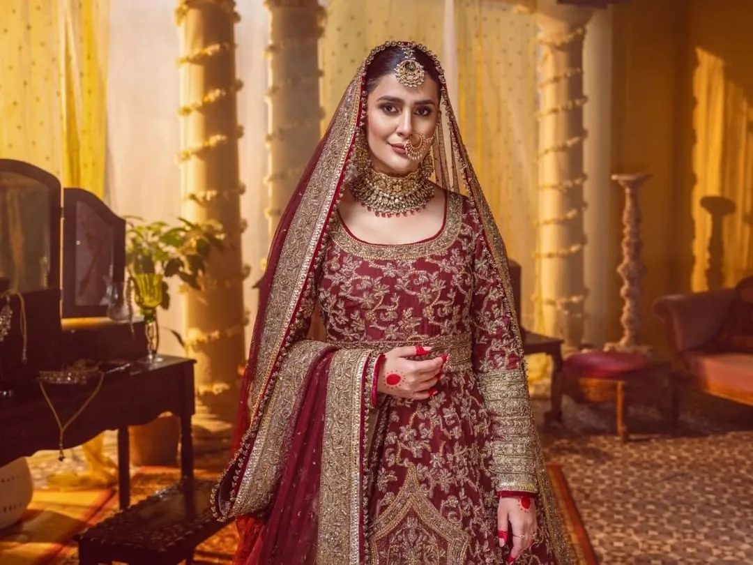 Gold & Red Bridal Dress Pakistani in Lehenga Gown Style