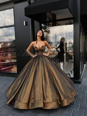 Gold Ball Gown Evening Dresses Strapless Taffeta Party Gowns