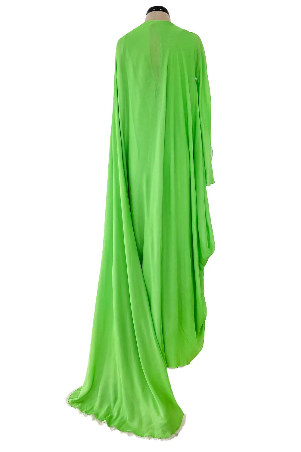Gorgeous 1970s George Stavroploulos Couture Green Silk Chiffon Caftan Dress