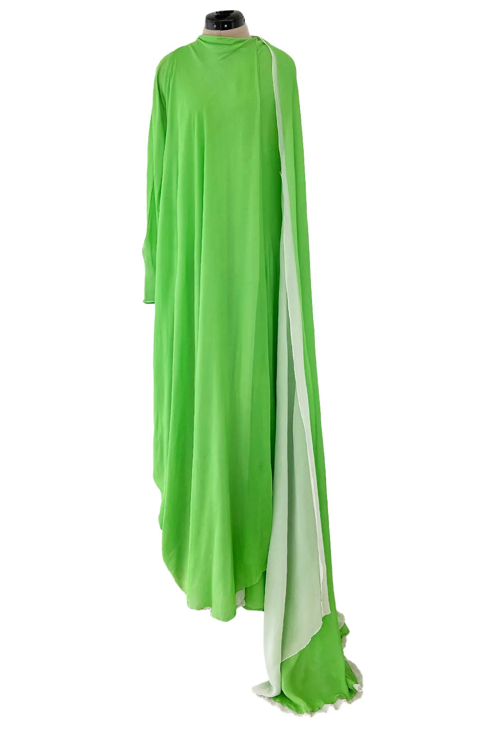 Gorgeous 1970s George Stavroploulos Couture Green Silk Chiffon Caftan Dress
