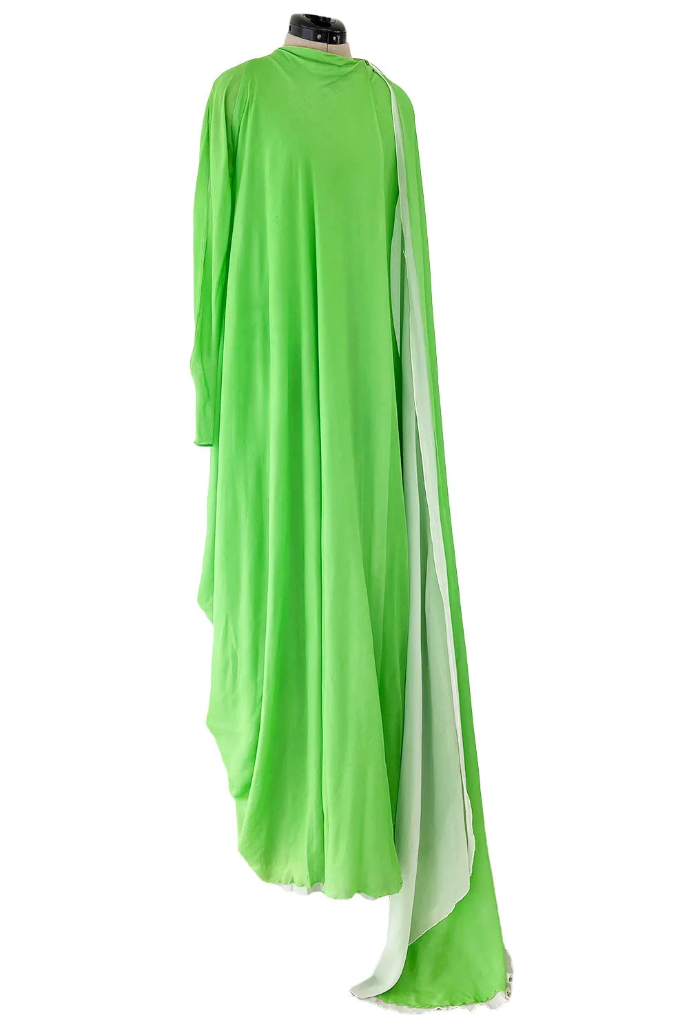Gorgeous 1970s George Stavroploulos Couture Green Silk Chiffon Caftan Dress
