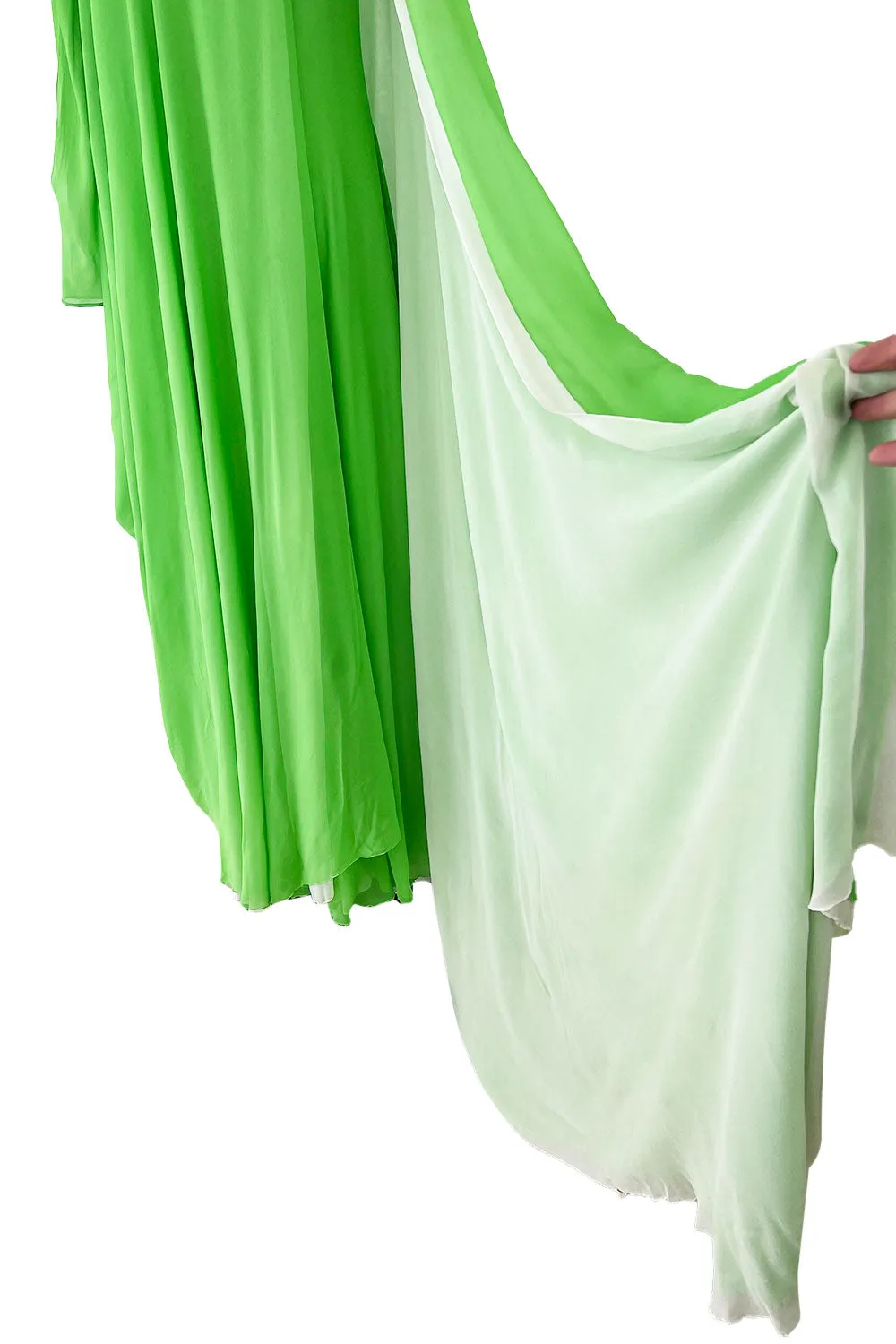 Gorgeous 1970s George Stavroploulos Couture Green Silk Chiffon Caftan Dress