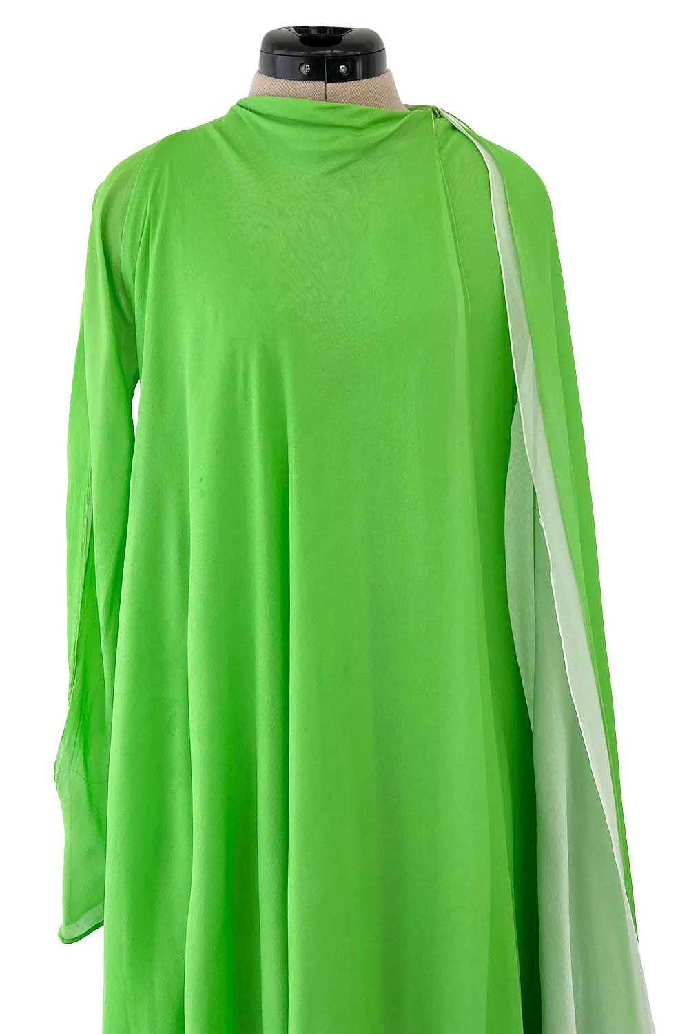 Gorgeous 1970s George Stavroploulos Couture Green Silk Chiffon Caftan Dress