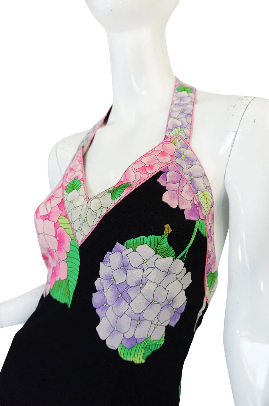 Gorgeous 1970s Silk Jersey Floral Print Leonard Halter Dress