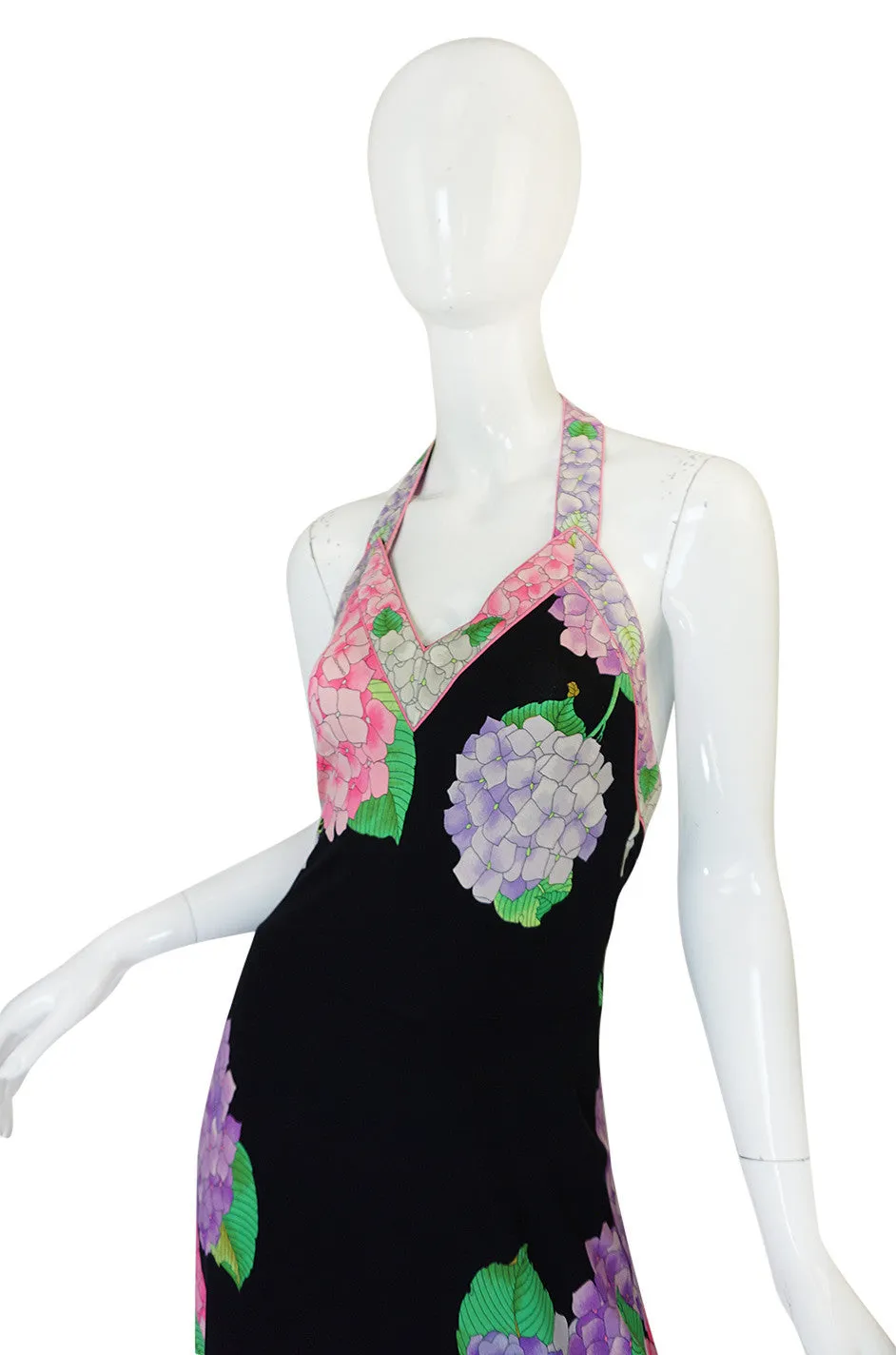 Gorgeous 1970s Silk Jersey Floral Print Leonard Halter Dress