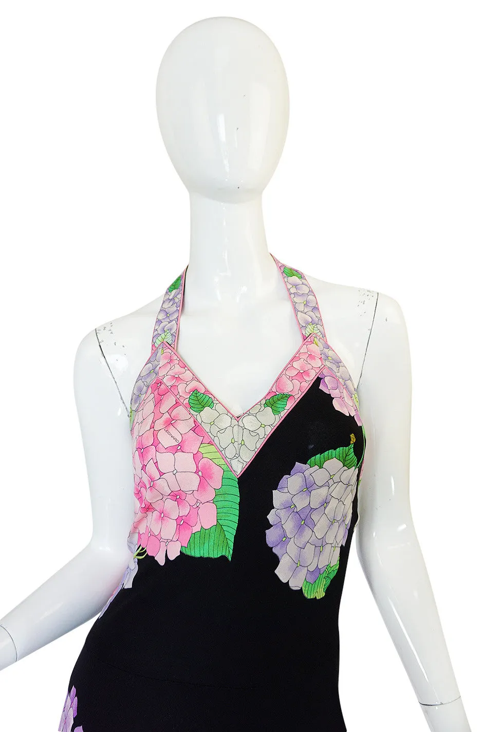 Gorgeous 1970s Silk Jersey Floral Print Leonard Halter Dress