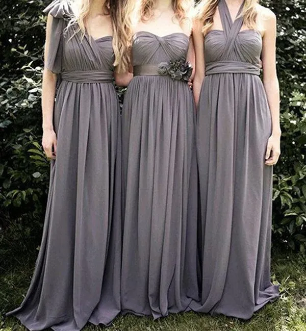 Gray Chiffon A Line Convertible Long Bridesmaid Dresses for Wedding Party, MB154