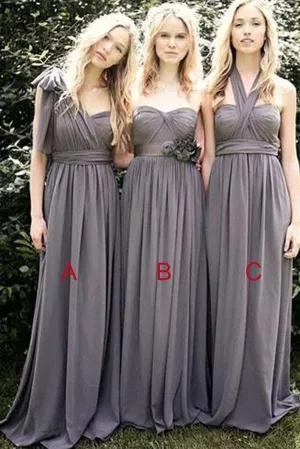 Gray Chiffon A Line Convertible Long Bridesmaid Dresses for Wedding Party, MB154