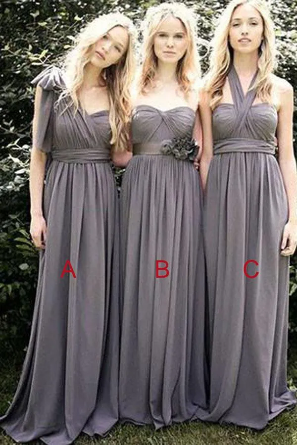 Gray Chiffon A Line Convertible Long Bridesmaid Dresses for Wedding Party, MB154