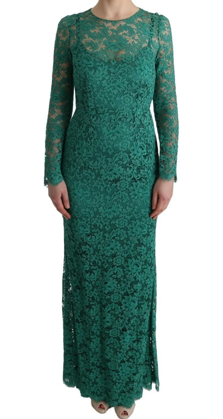 Green Floral Ricamo Sheath Long Dress