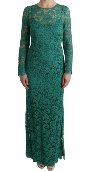 Green Floral Ricamo Sheath Long Dress
