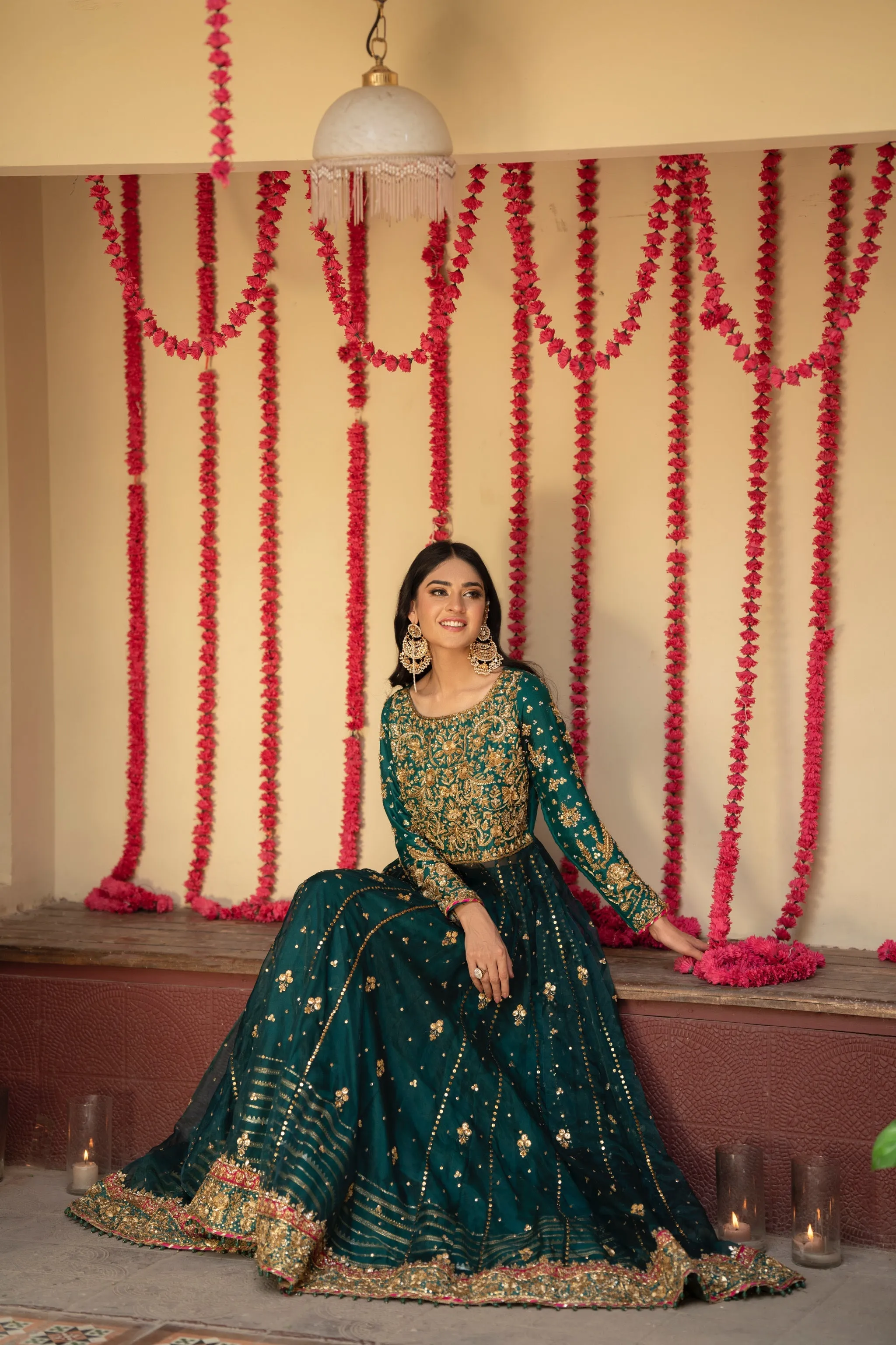 Green Pakistani Bridal Dress in Frock Lehenga Style