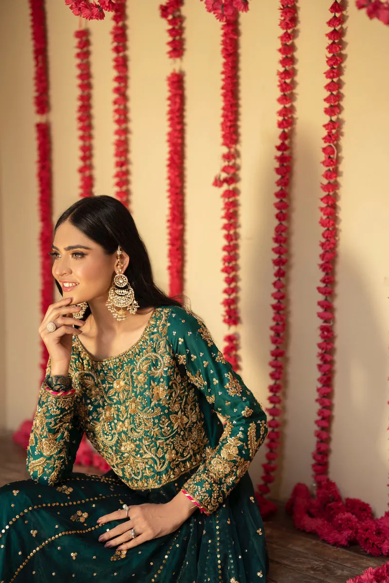 Green Pakistani Bridal Dress in Frock Lehenga Style