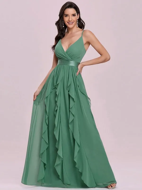 Green Prom Dress A-Line V-Neck Sleeveless Backless Sash Floor Length Chiffon Wedding Guest Dresses