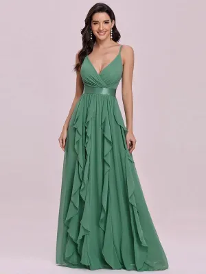 Green Prom Dress A-Line V-Neck Sleeveless Backless Sash Floor Length Chiffon Wedding Guest Dresses
