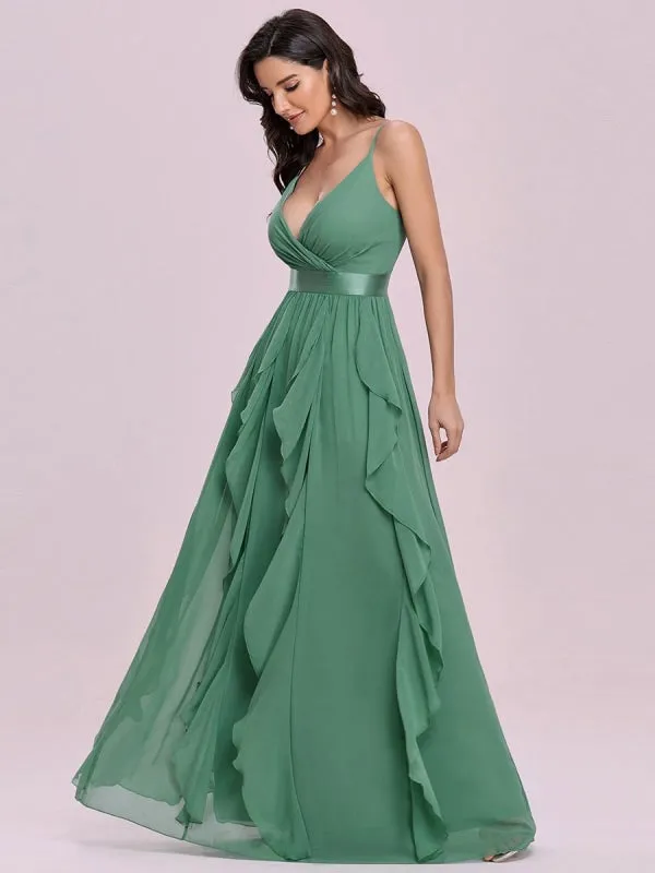 Green Prom Dress A-Line V-Neck Sleeveless Backless Sash Floor Length Chiffon Wedding Guest Dresses