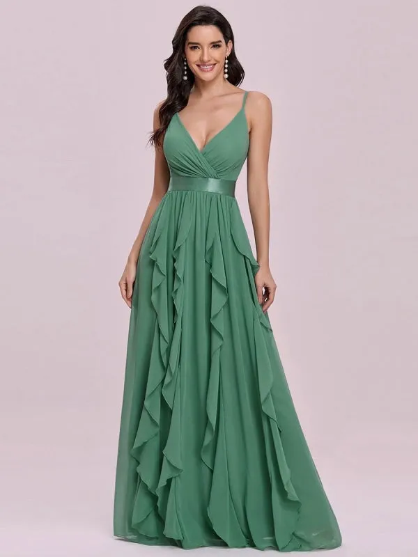 Green Prom Dress A-Line V-Neck Sleeveless Backless Sash Floor Length Chiffon Wedding Guest Dresses