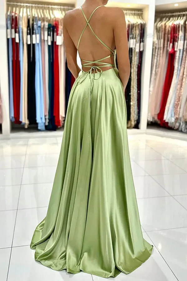 Green Satin A-line Backless Simple Prom Dresses With Slit, Party Dress, MP764