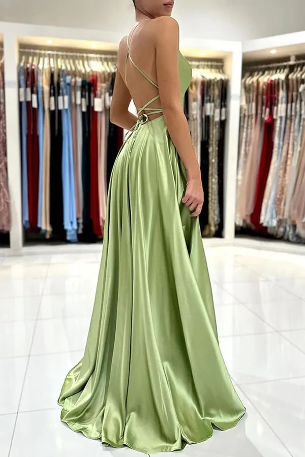 Green Satin A-line Backless Simple Prom Dresses With Slit, Party Dress, MP764