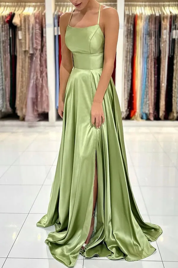 Green Satin A-line Backless Simple Prom Dresses With Slit, Party Dress, MP764