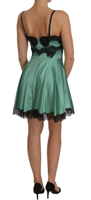 Green Silk Stretch Black Lace Dress