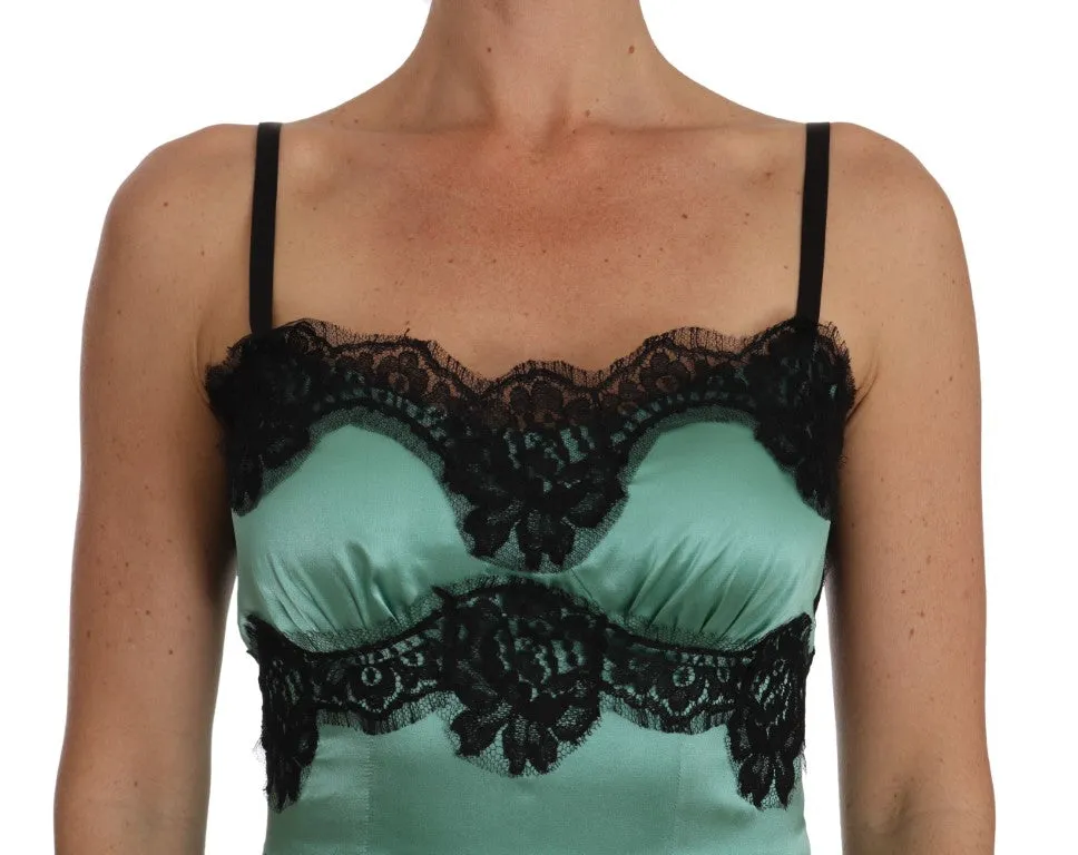 Green Silk Stretch Black Lace Dress