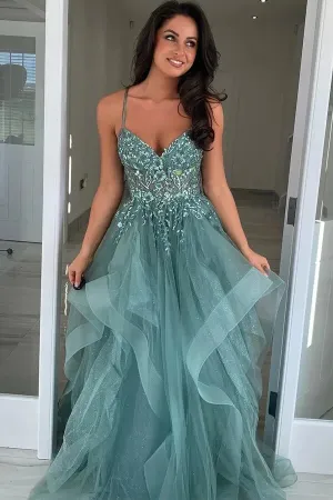 Grey Green Tulle A-line Spaghetti Straps Lace Appliques Prom Dresses, MP996