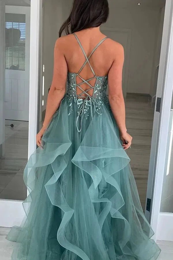 Grey Green Tulle A-line Spaghetti Straps Lace Appliques Prom Dresses, MP996