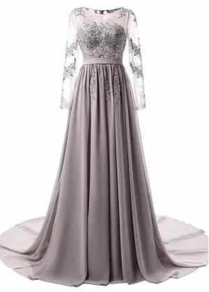 Grey Long Sleeves Applique Chiffon Formal Gowns , Grey Prom Dress , Party Dresses