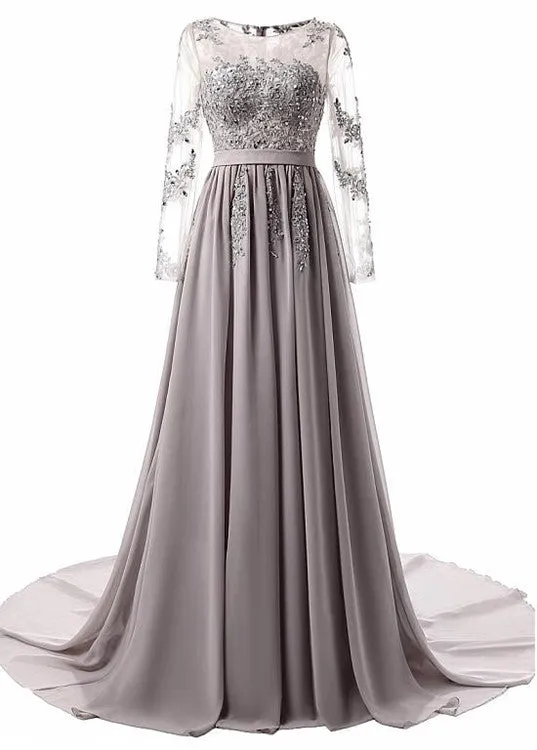 Grey Long Sleeves Applique Chiffon Formal Gowns , Grey Prom Dress , Party Dresses